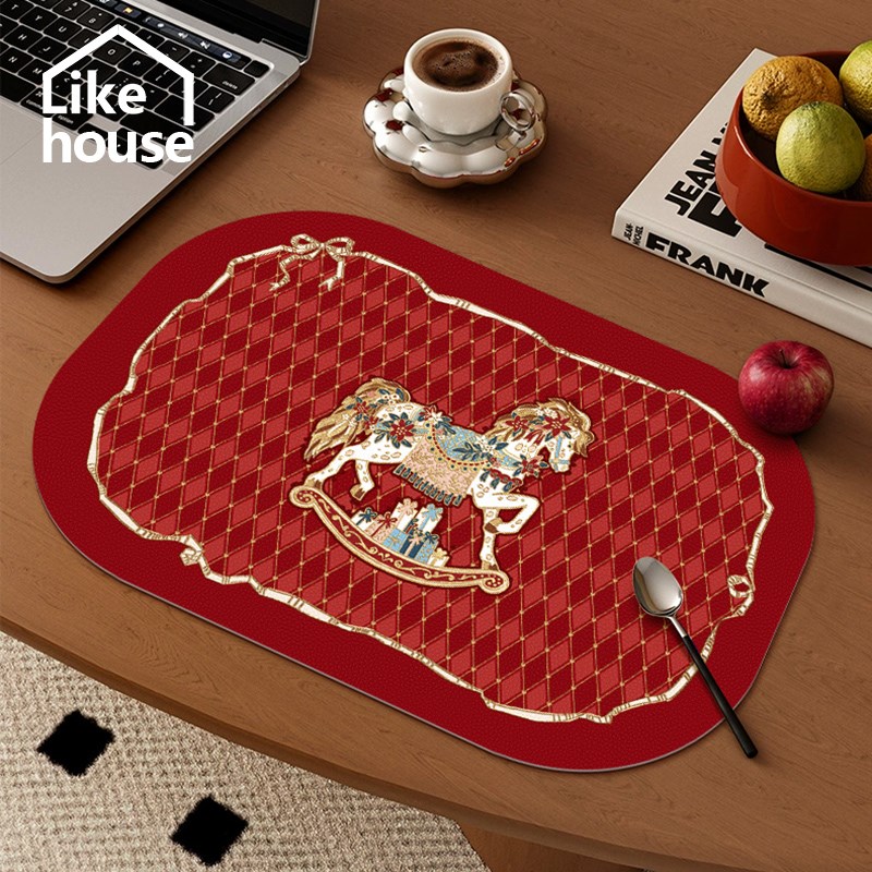 法式复古木马圣诞新年塞拉斯蒂娅皮革餐桌垫O家用碗垫隔热垫防水