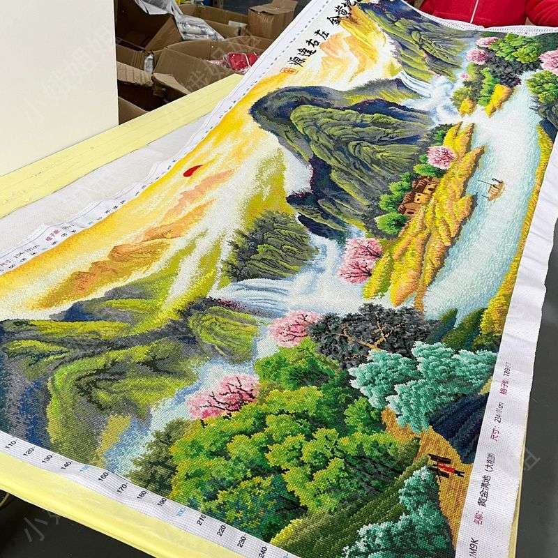 黄金聚宝盆十字绣成品不带框纯手工已绣好2024新款客厅高端山水画