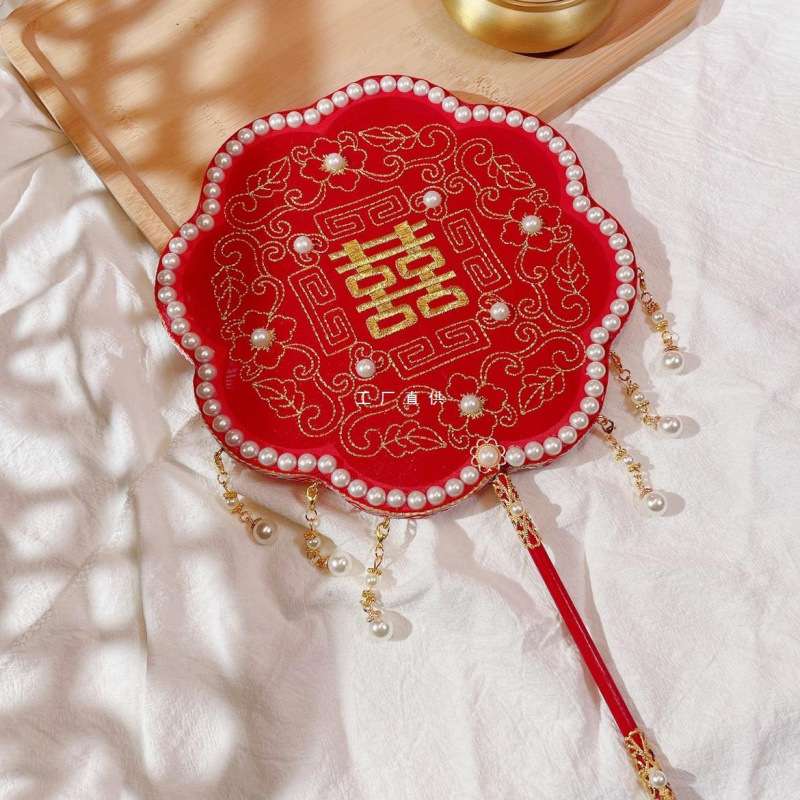 中式刺绣喜扇团扇结婚新娘长柄手捧花婚礼龙凤秀禾服扇子Diy结婚