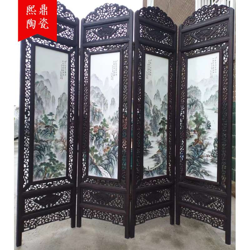 陶瓷瓷板画 仿古做旧折屏 瓷板画 古典 家居 茶楼中式陶瓷摆件