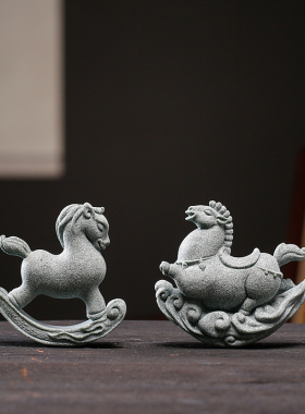 创意可爱摇摇马精品茶p宠摆件鱼缸造景装饰青砂石国风木马桌面摆