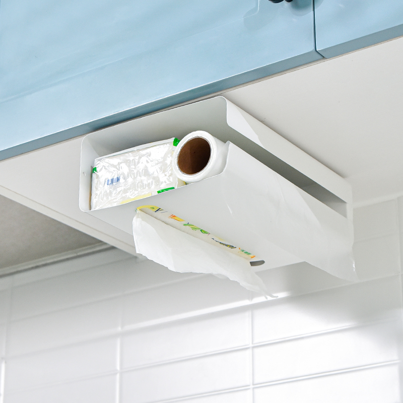 厨房专用纸巾架子悬挂保鲜膜袋收纳壁挂式免O打孔橱柜下抽纸盒倒