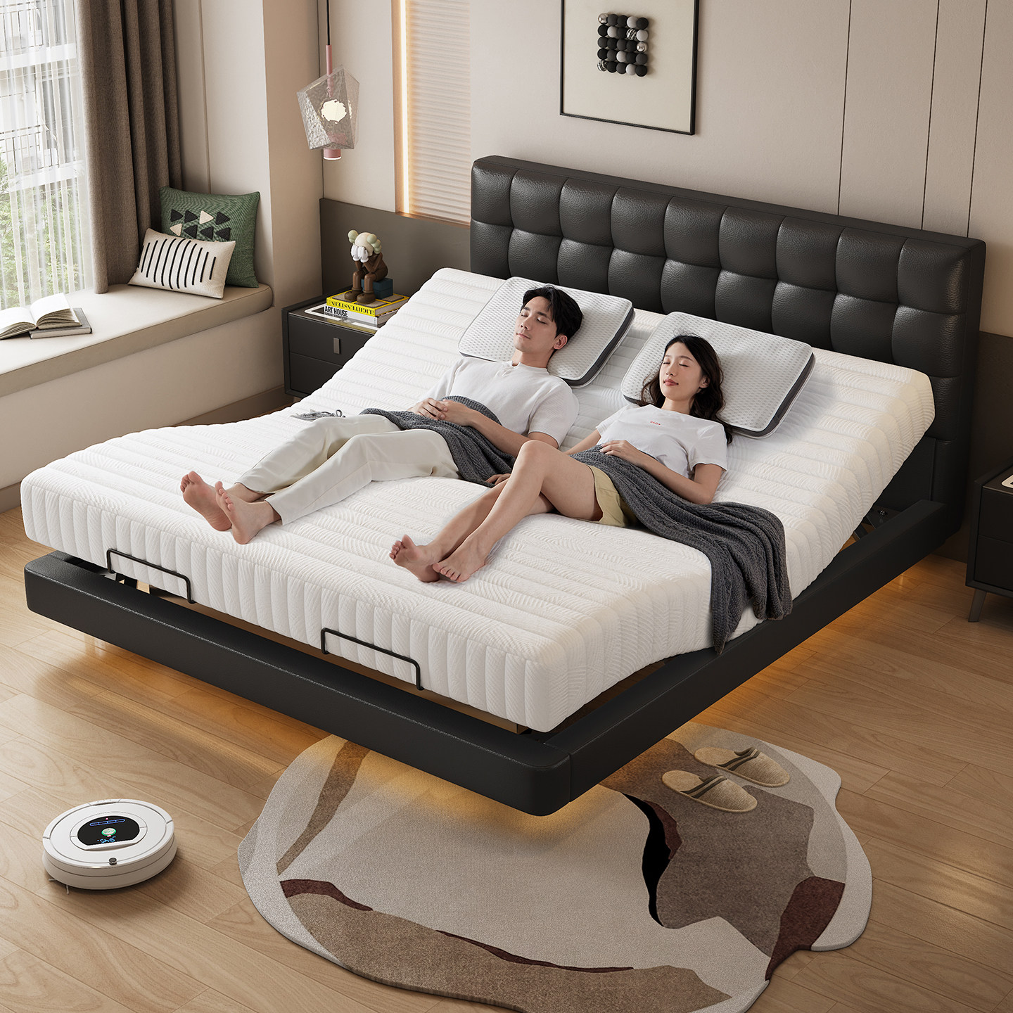 现代简约华夫格智能床真皮主卧互不打打扰双人床升降多功能电动床