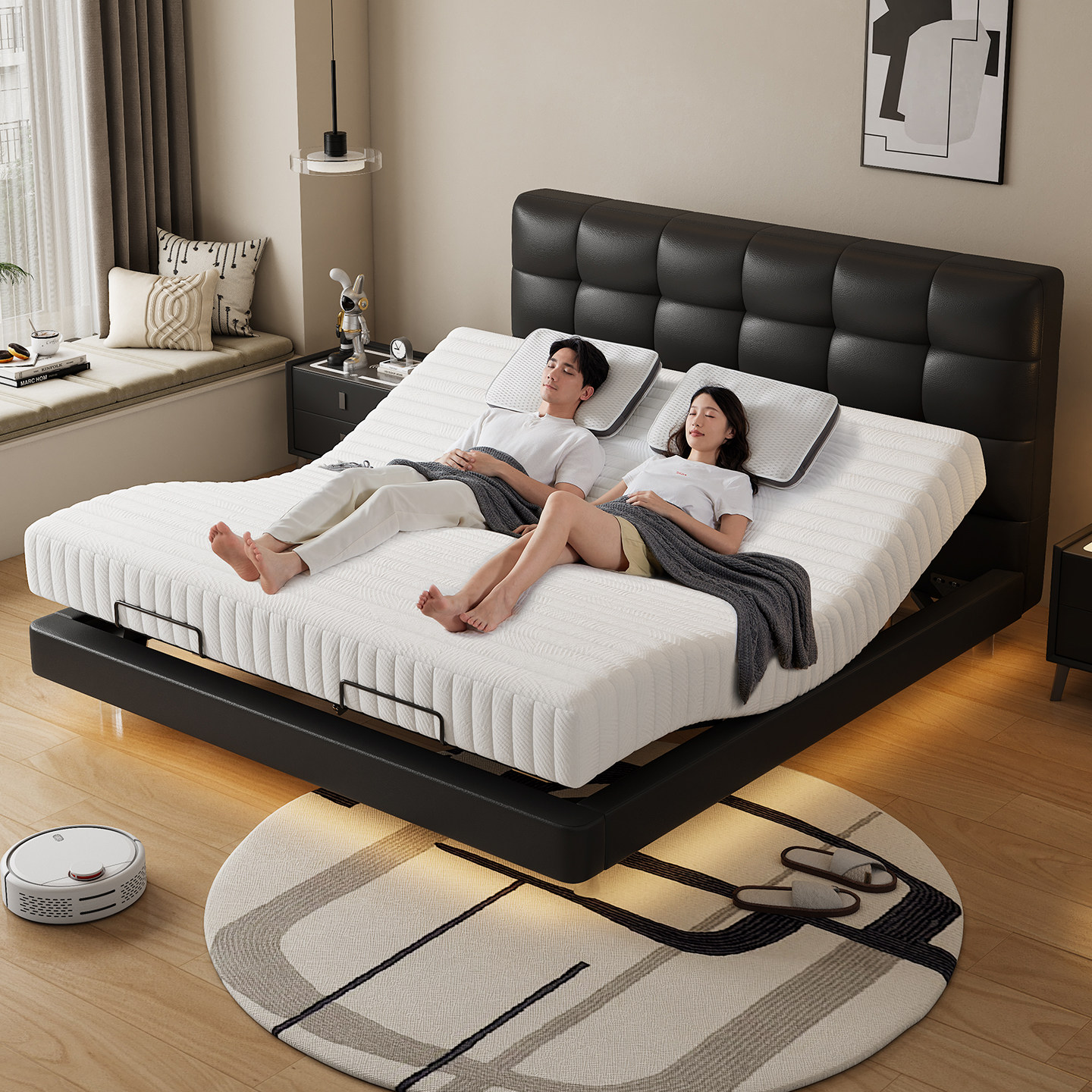 现代简约真皮智能床全自动互不打扰双人床多功能可升降按摩电动床