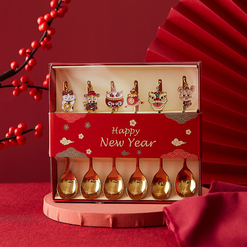 鼠年限定礼品不锈钢搅拌勺咖啡金勺甜品勺蜂蜜勺子六件套新年礼物