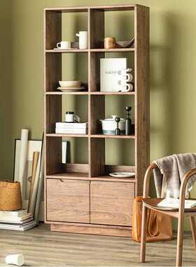 北欧落地书架简约黑胡桃木置物架日式实木书房多层展示柜组合书柜