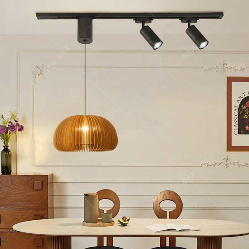 侘寂复古风全光谱餐厅吊灯可移位可升降餐厅吧台岛台实木轨道吊灯