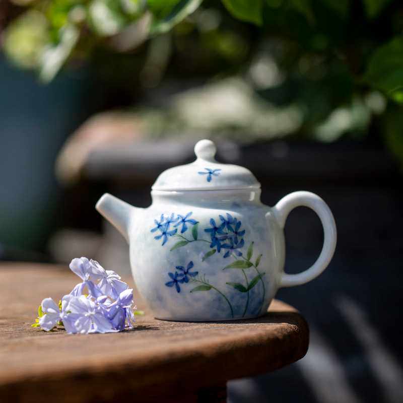 手绘蓝风铃茶壶陶瓷功夫茶具纯手工单个小品壶家用复古球孔泡茶器