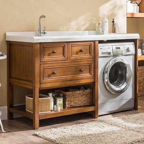 美式落地洗衣柜组合阳台洗衣机柜池浴室面脸盆带搓衣板橡实木浴室