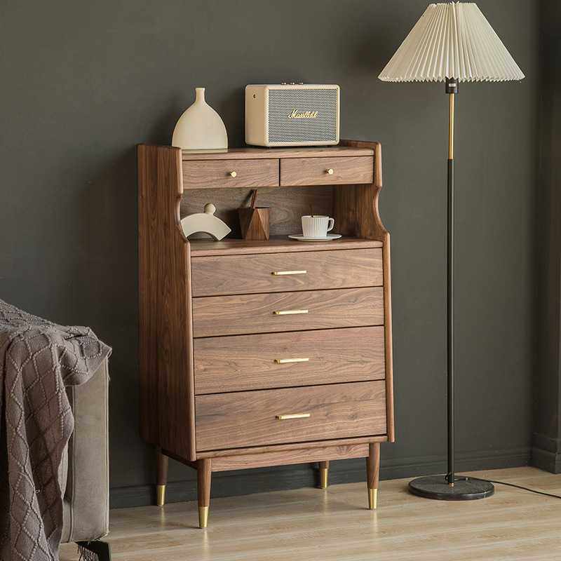 北欧黑胡桃木五斗柜实木现代简约卧室收纳客餐厅轻奢抽屉储物边柜