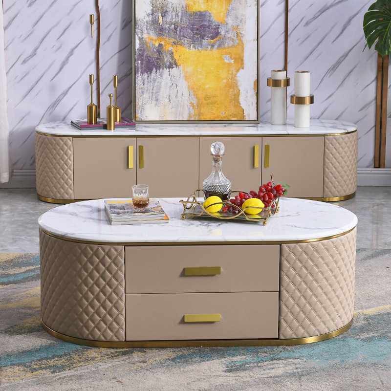 小户型大理石茶几电视柜组合后现代落地式客厅家用椭圆形储物茶桌