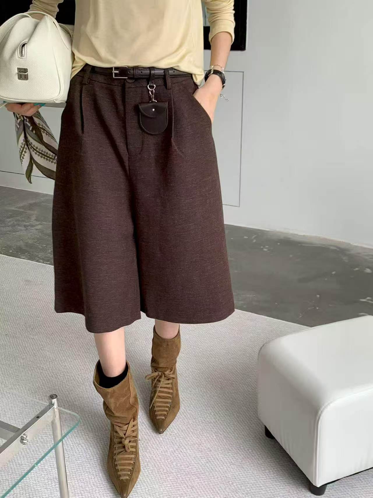 韩系高腰阔腿毛呢西装裤女2026秋季新款直筒百搭配腰带休闲七分裤