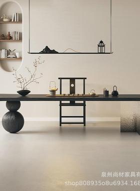 侘寂风实木茶桌福禄整板碳化黑色大板茶台亚克力渐变创意泡茶桌椅