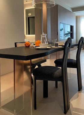 侘寂风悬浮渐变橙实木餐桌原木整板餐桌椅黑色白蜡木亚克力饭桌