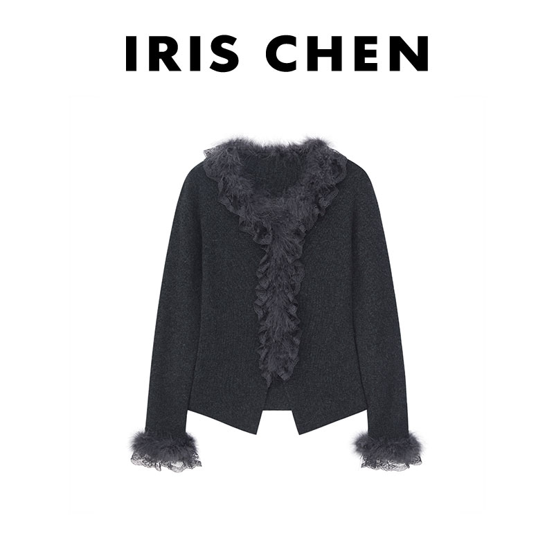 IRIS CHEN 吸引力 2025冬“羊毛兔毛250g”蕾丝毛领针织衫25SY114