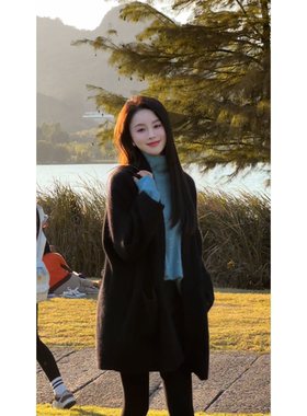 艾文文IRIS格调2025新款秋冬宽松慵懒黑色针织开衫女士厚毛衣外套