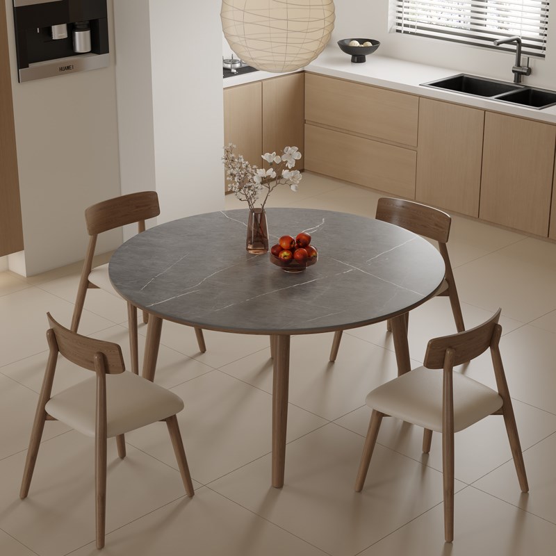 北欧胡桃色复古岩板实木圆形餐桌椅组合家用小户型U侘寂风吃饭桌