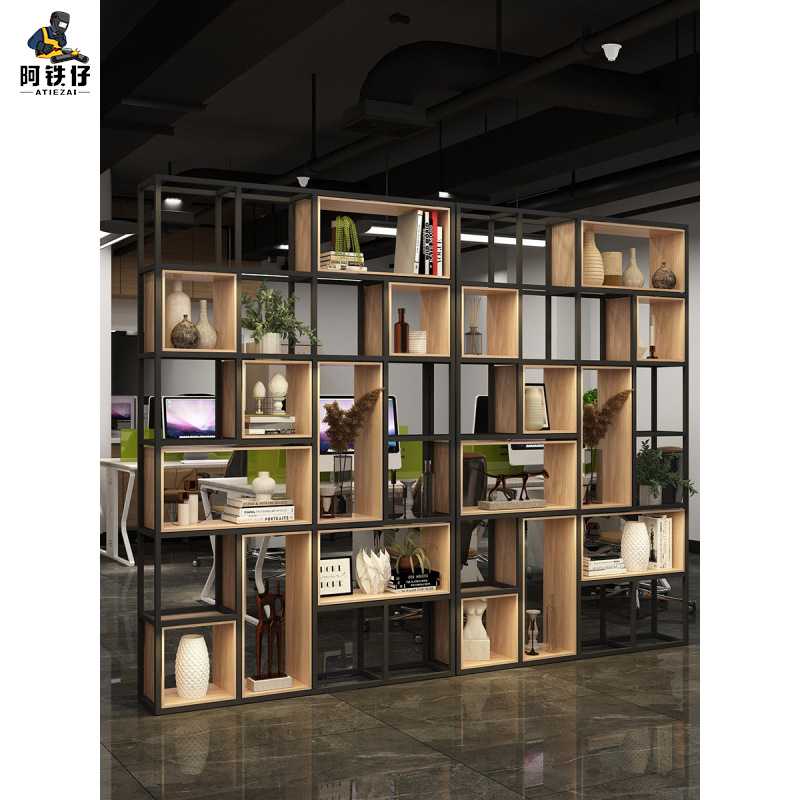 工业风装饰铁艺隔断置物架网红客厅餐厅办公室实木格子架落地书架