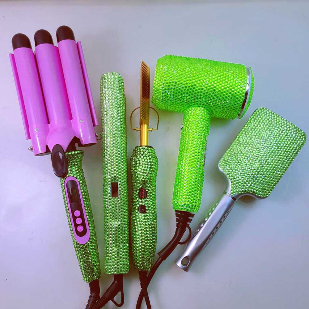 外贸亚马逊电吹风机直发器梳子液晶烫卷美发器组合定制加工贴钻定