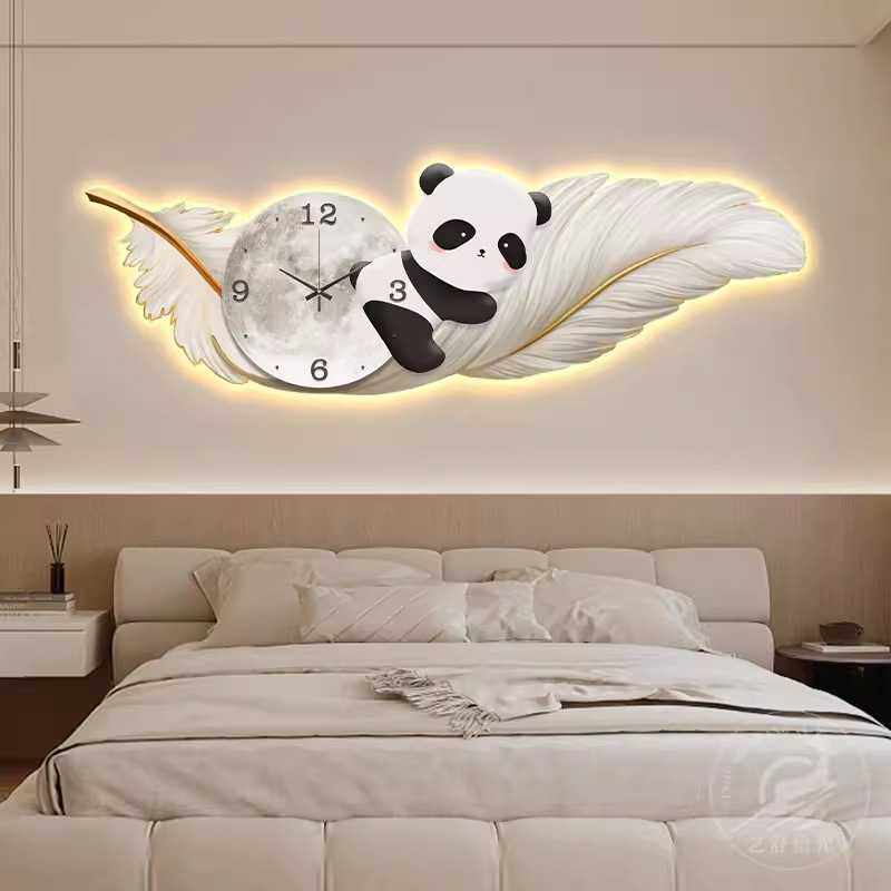 熊猫客厅装饰画挂墙表羽毛卧室床头静音挂钟2024新款创意时钟,3C数码配件,摄像机配件,淘宝优惠券,粉丝福利购,淘宝优惠卷