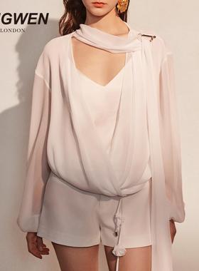 【李一桐同款】KINGWEN25秋季不规则V领飘带衬衫上衣高级半裙套装