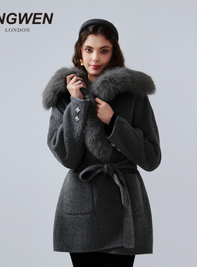 KINGWEN25冬季新款狐狸毛领毛呢外套女短款灰色系带收腰羊毛大衣