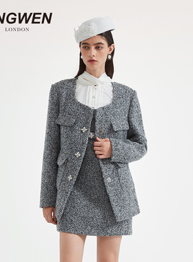 KINGWEN2025冬季新款方领粗花呢编织外套女可拆卸兜帽复古优雅风