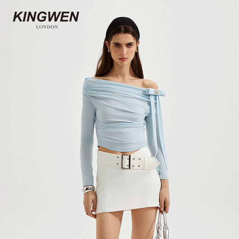 【董璇徐如蓝同款】KINGWEN26夏季斜肩飘带针织衫千金风露肩上衣