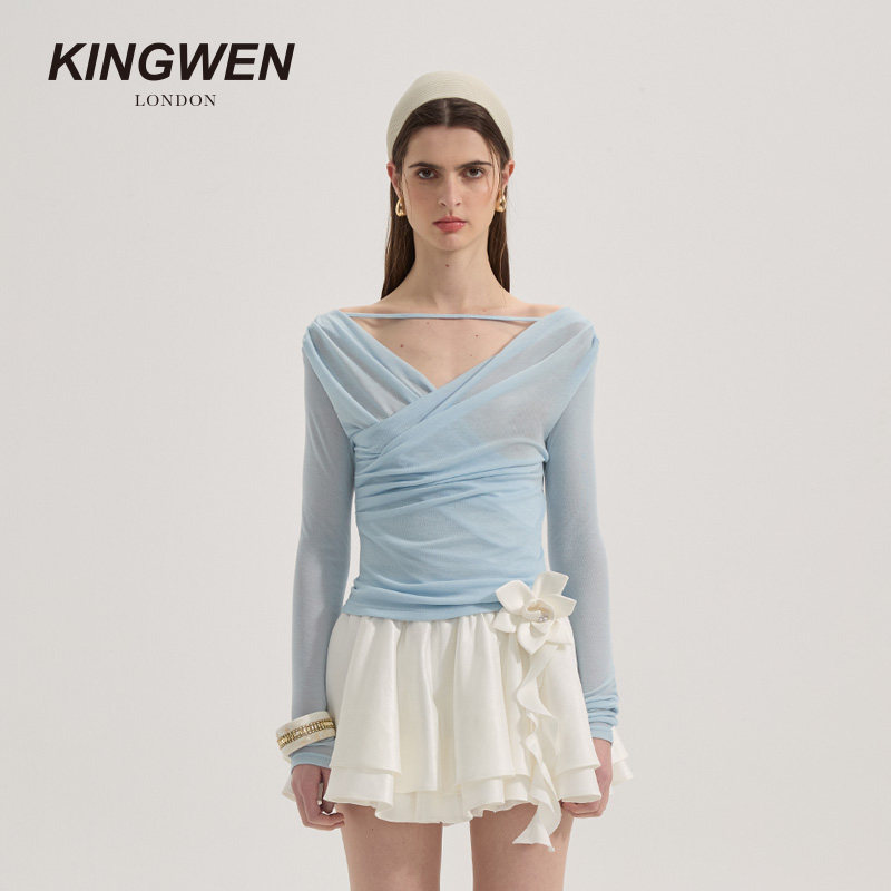 【徐如蓝同款】KINGWEN2026夏季新柔系带荡领褶皱上衣女微透长袖