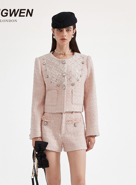 KINGWEN 2025冬季新款气质编织网纱珠钻短款外套女粉色小香风套装