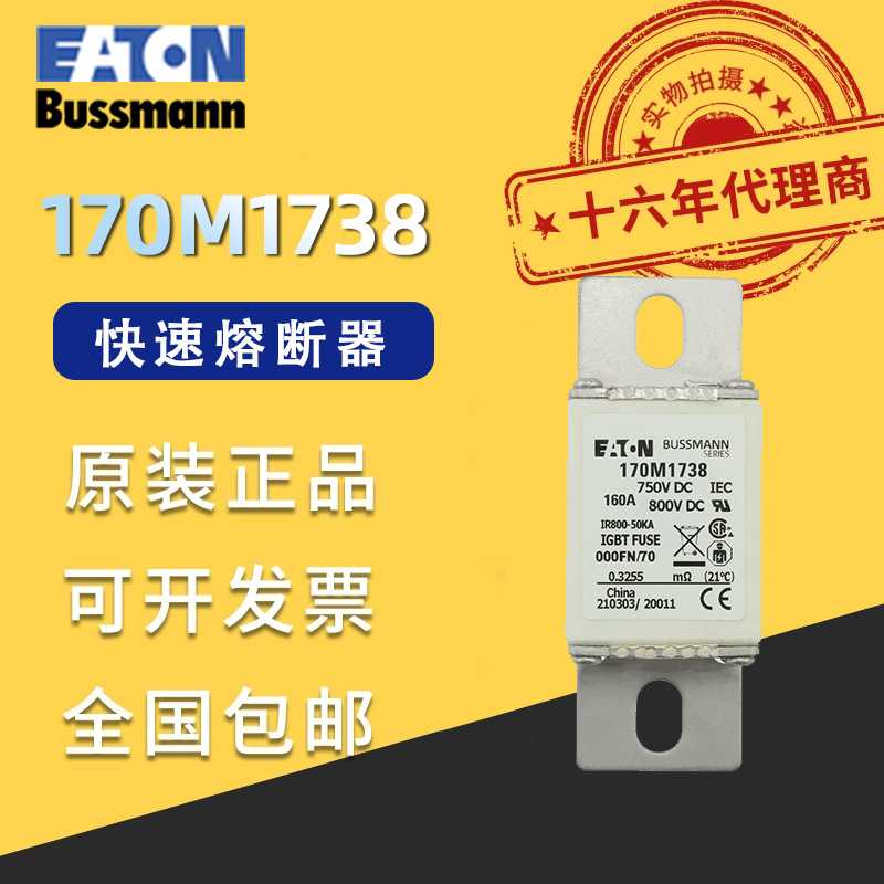 170M1738伊顿巴斯曼熔断器750VDC160A50KA分断力全范围aR熔断器快
