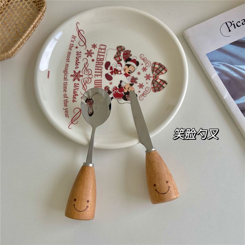ins风可爱卡通笑脸木柄叉子勺子餐具不锈钢可立式勺叉一人食叉勺