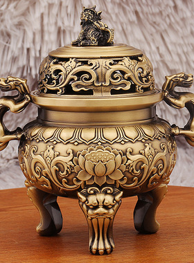 黄铜兽头带盖香炉室内佛堂茶道