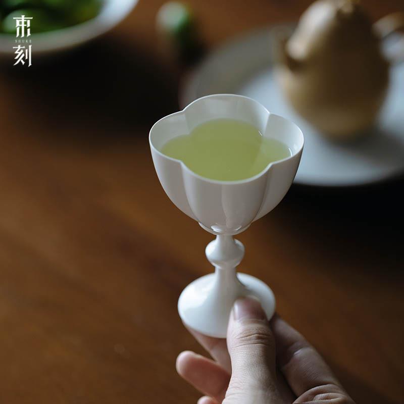 束刻 纸白釉高足花瓣日式主人杯茶杯高脚女神杯素雅纯白单杯手工