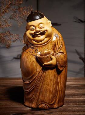 中式地主老财地主婆彷竹根雕玄关茶室博古架茶台桌面装饰树脂摆件