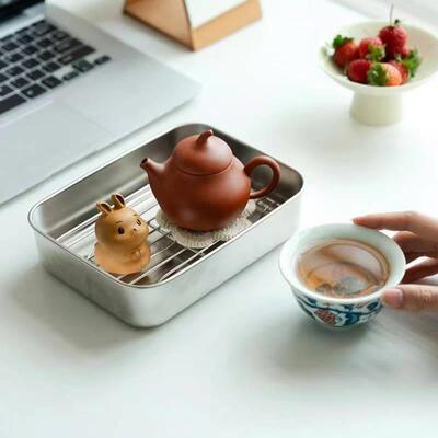 不锈钢茶盘小型沥水盘一人迷你保鲜盒带盖子带网架冷藏盒食物收纳