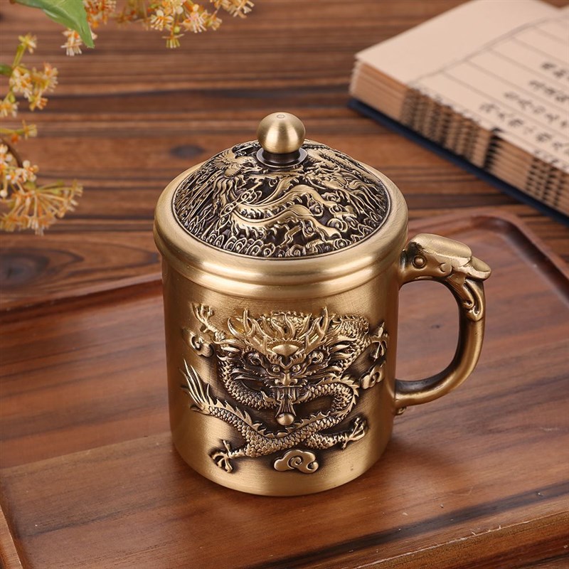 精美龙凤黄铜福寿茶缸水杯龙凤水缸办公室客N厅杯子装饰品摆件茶