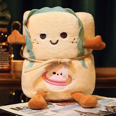 卡通吐司毛绒h卷毯办公室午睡面包法兰绒小毯子空调单人可收纳毯