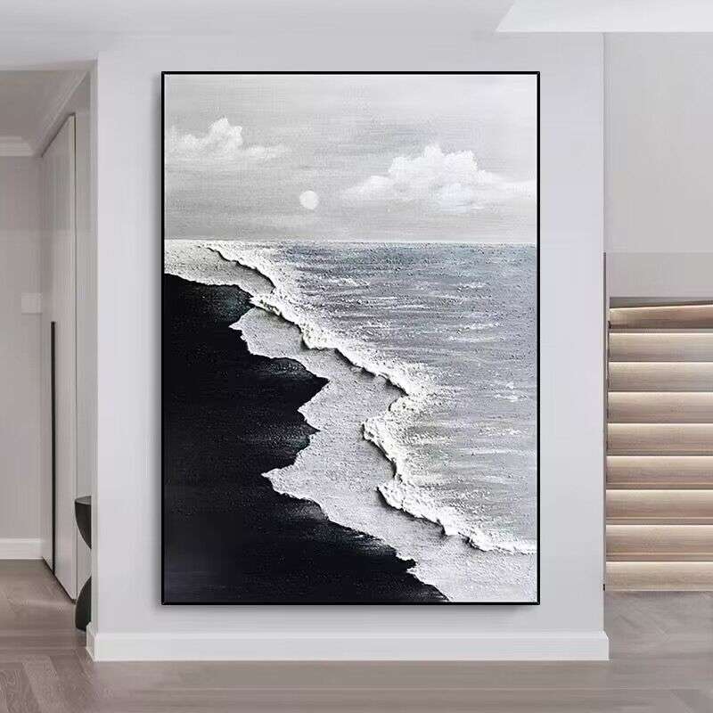 手绘立体肌理油画黑白极简客厅装饰画抽象玄关入户酒店民宿落地画图片
