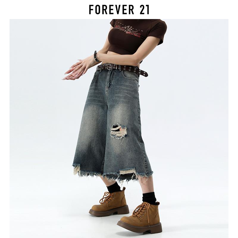 Forever 21美式复古破洞七分牛仔裤女夏季薄款设计感毛边阔腿裤子