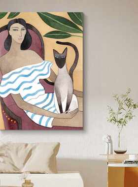 莫兰迪原木风挂画纯手绘人物油画客厅动物猫咪装饰壁画玄关肌理画