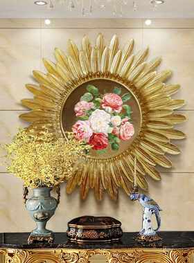 玄关装饰画花卉油画羽毛圆形太阳框壁画欧式简欧轻奢餐厅走廊画