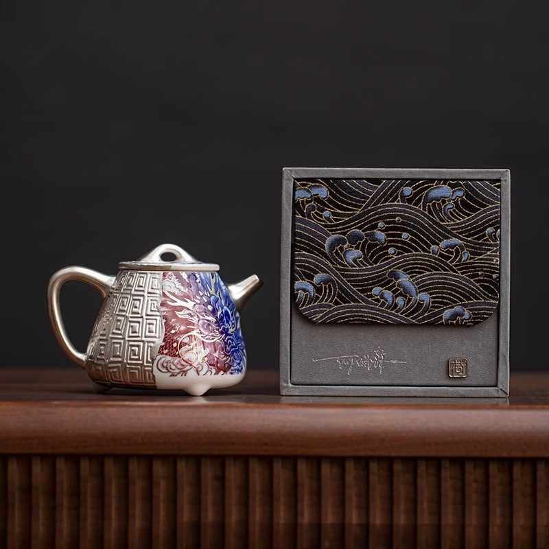 何赋森高档鎏银功夫茶具泡茶壶茶杯青花釉里红泡茶器送长辈礼物