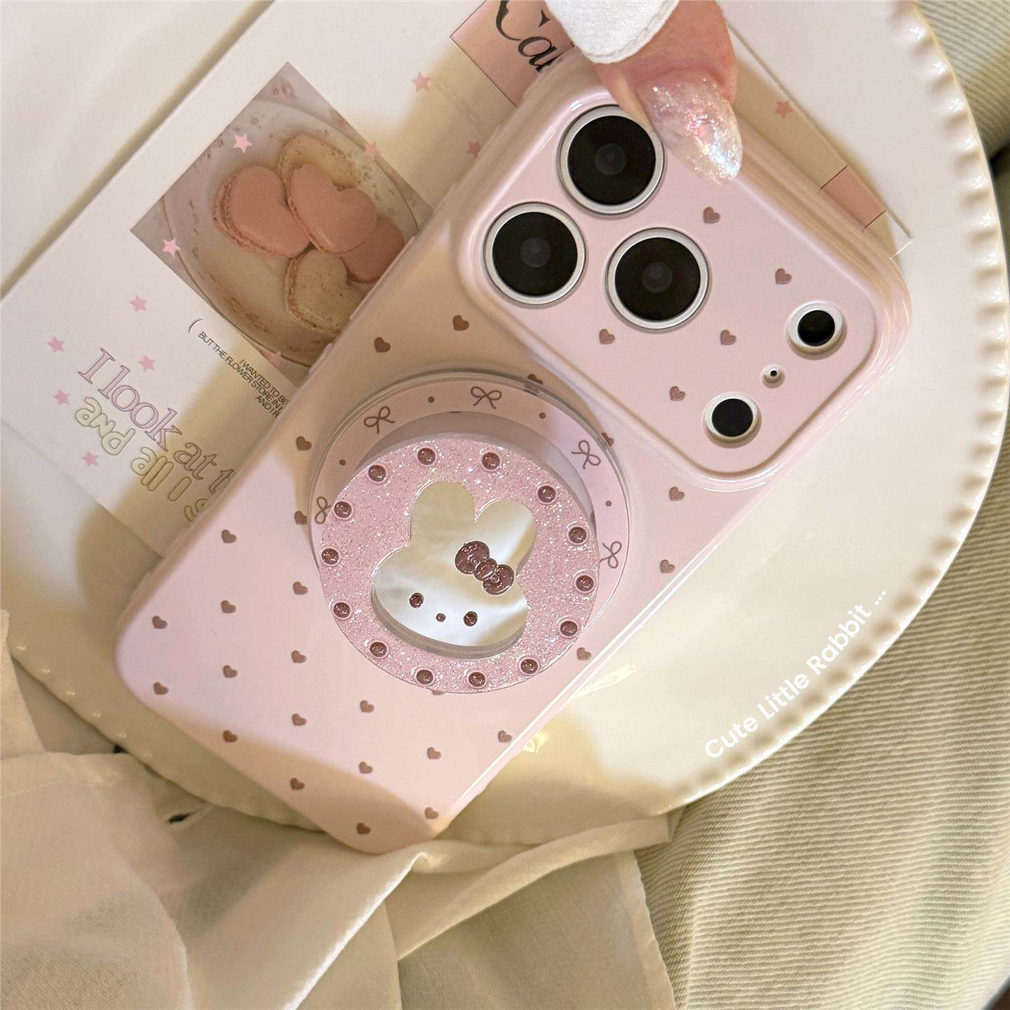 适用苹果17pm手机包iphone16闪粉磁吸支架13镜面粉兔子15甜美卡通