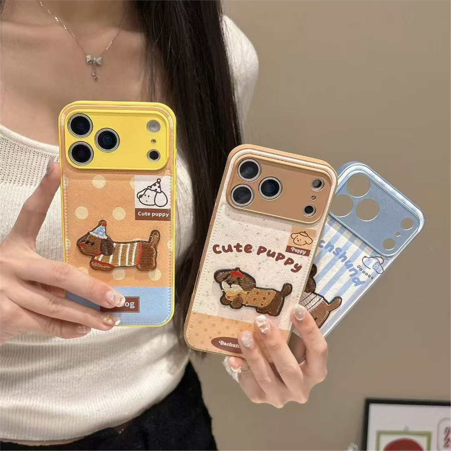 ins韩风皮质刺绣小狗苹果手机壳