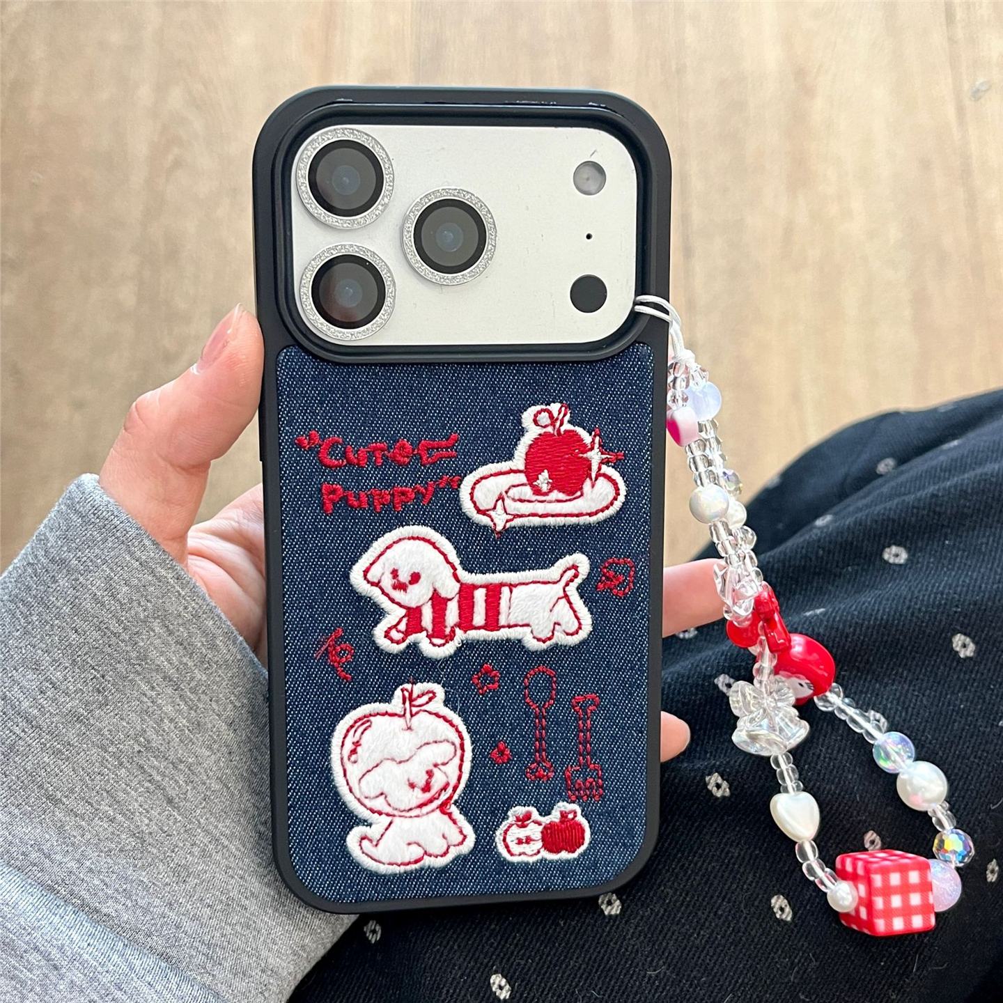 ins韩风牛仔刺绣小狗苹果手机壳