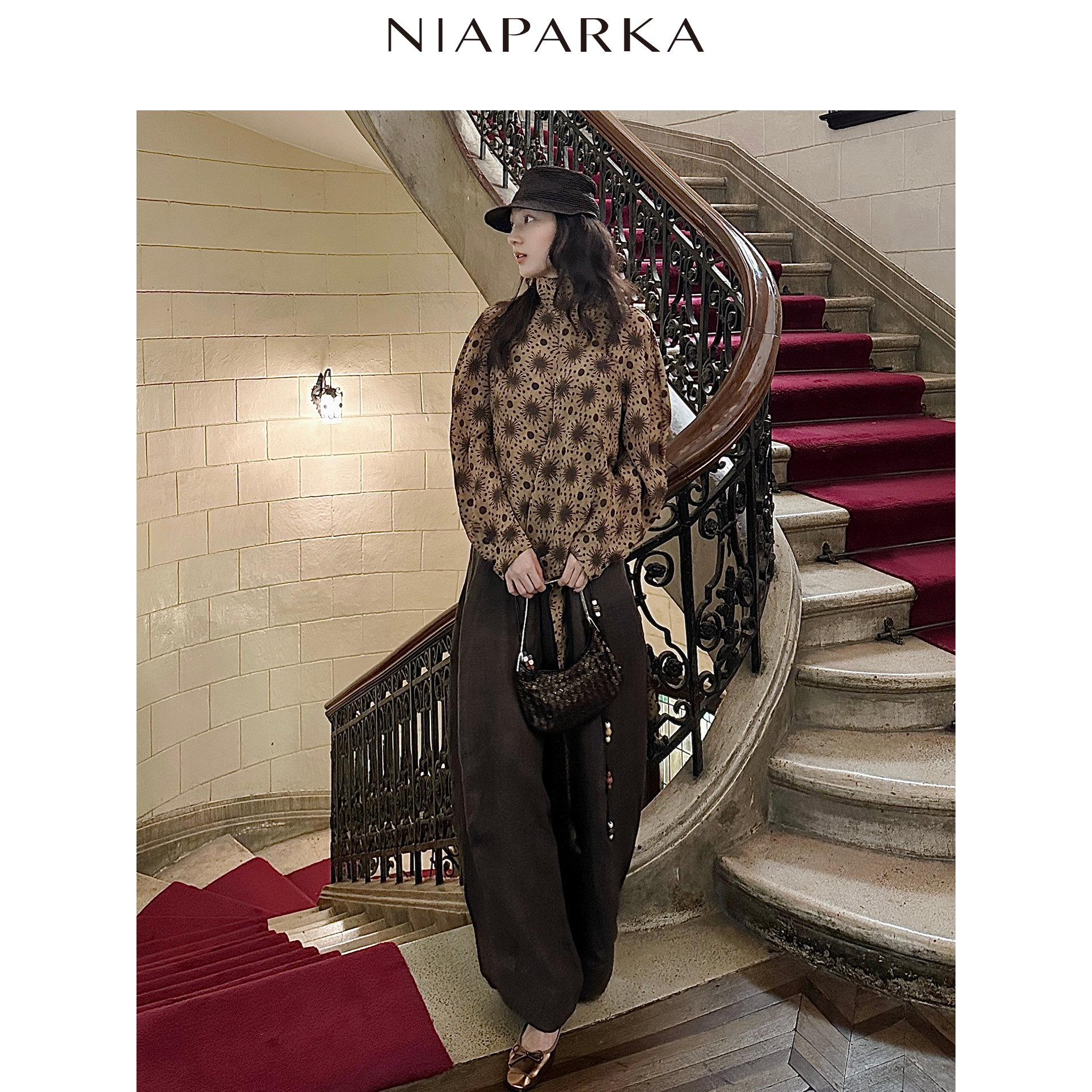 niaparka 26秋冬桑蚕丝衬衫蒲公英印花荡片褶皱围裹收腰显瘦上衣