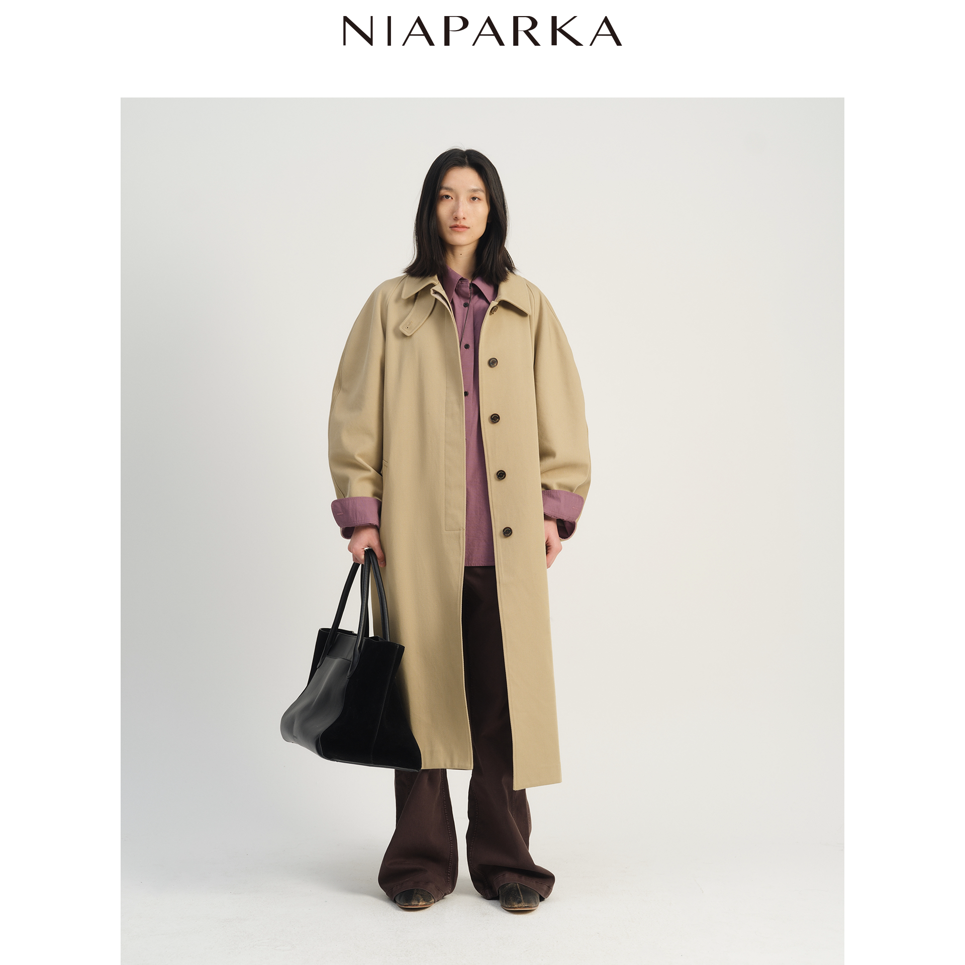 niaparka2026秋冬进口斜纹棉长风衣 翻领拼接袖口 气质显瘦通勤