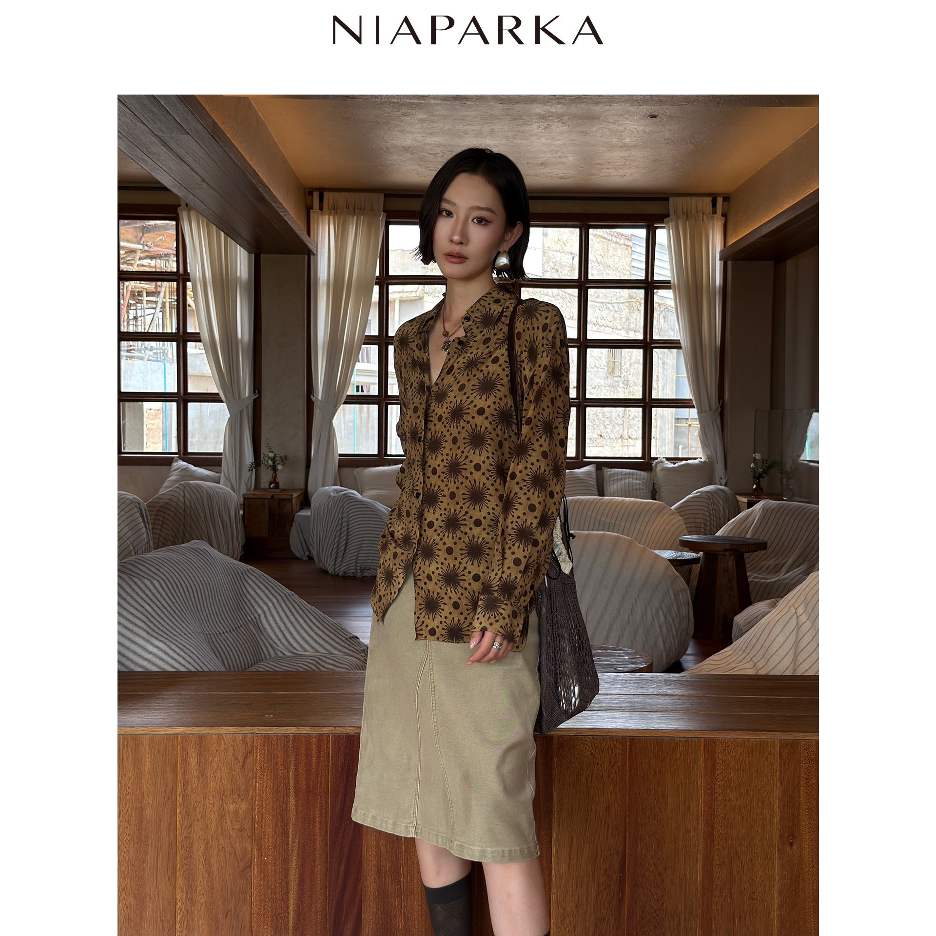 niaparka26秋季桑蚕丝真丝衬衫蒲公英印花可收腰宽松显瘦上衣