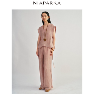niaparka脏粉花色亚麻脚口花边装 饰长裤
